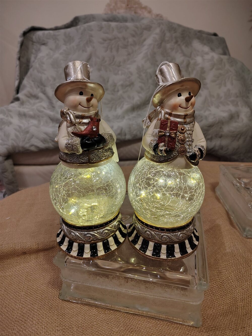 Lighted Snowman Crackle Glass Figurines Pair Top Hats